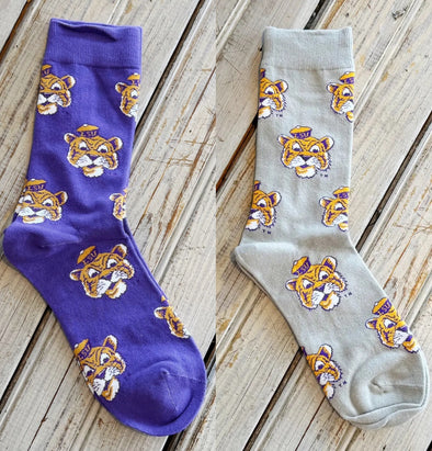 LSU Sailor Mike Socks in Purple or Grey
