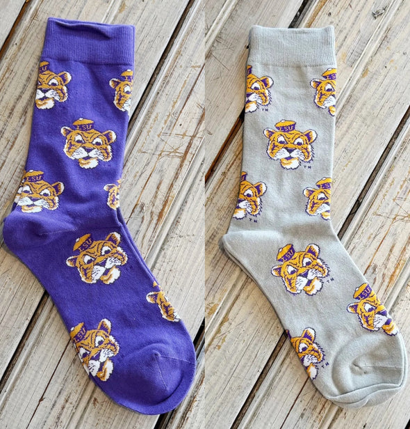 LSU Sailor Mike Socks in Purple or Grey