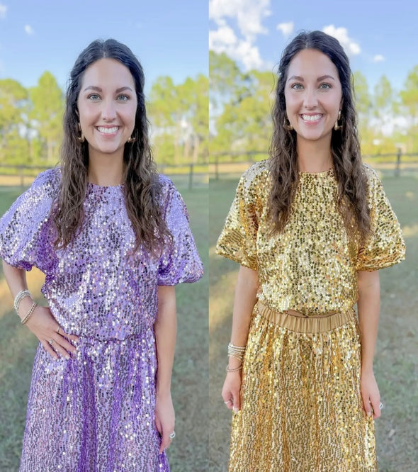 Sequins Bubble Hem Top in Lilac or Gold