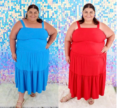 CURVY Smocked Tiered Midi Dress In Deep Sky Or Ruby