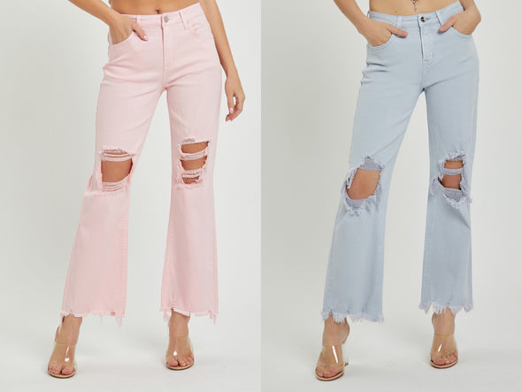 High Rise Knee Distressed Straight Jeans in Light Pink and Ice Blue