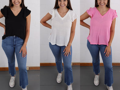 V Neck Raw Edged Top In Pink Black and White