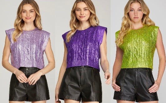 Sleeveless Cable Knit Metallic Crop Sweater In 3 Colors