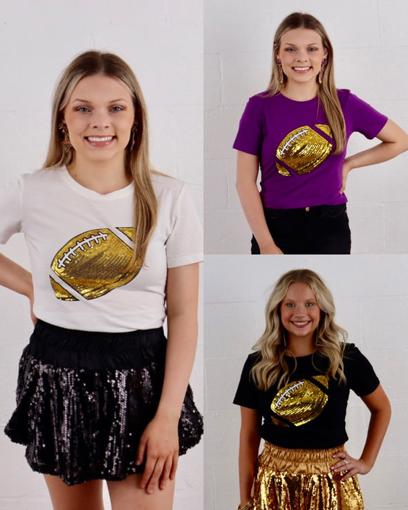Sequin Football Symbol Shirt In Purple Black Or White