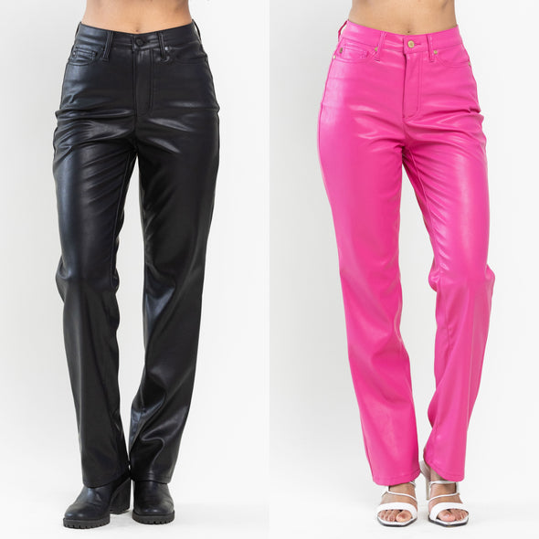 CURVY High Waisted Tummy Control Faux Leather Straight In Black Or Hot Pink