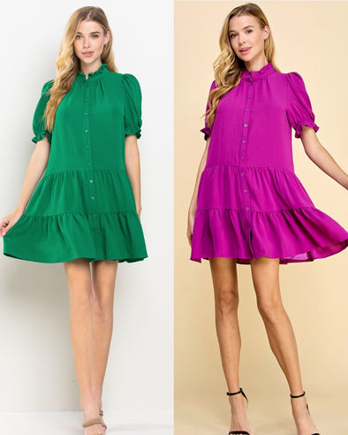 Button Up Swing Dress In Green Or Purple