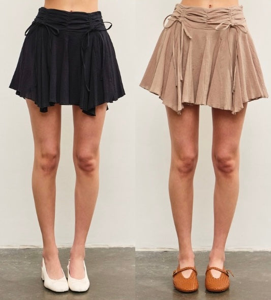 Ruched Tie Waist Asymmetrical Pleats Skort In 2 Colors