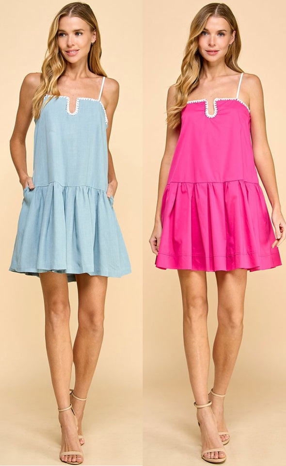 Solid Drop Waist Dress With Stitch Detail In 2 Colors