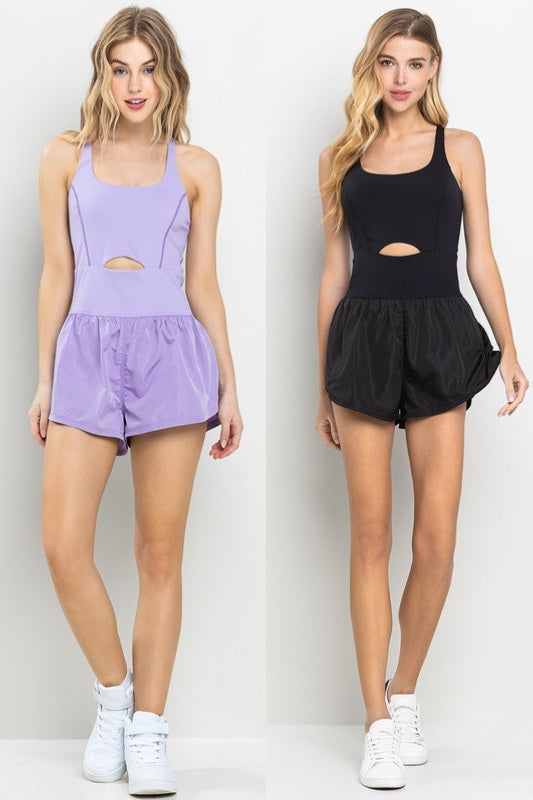 Sleeveless Athletic Romper With Center Cut Out In Lavender Or Black