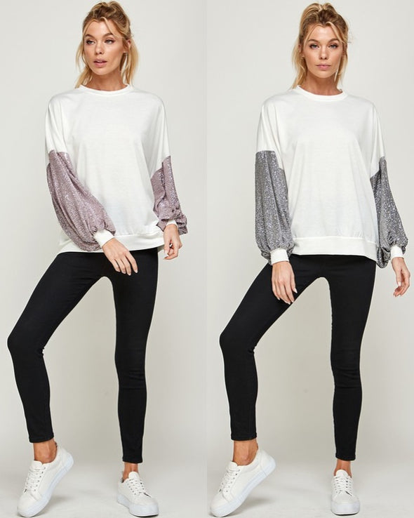 Solid Knit Top With Shiny Sleeves In Rose Or Olive