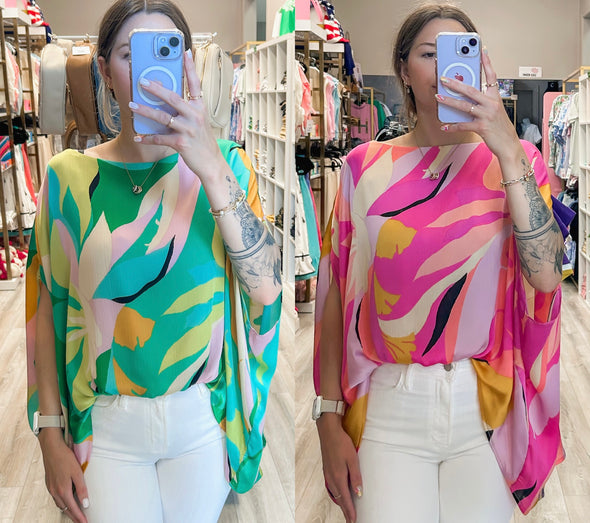 Chiffon Tropical Print Oversized Caftan Blouse In 2 Colors