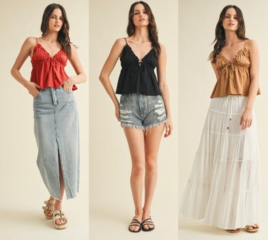 Elastic Ruffle V Neck Cami Top In 3 Colors