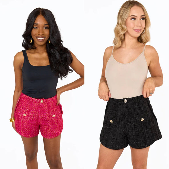 Buddy Love Mae Tweed High Waisted Shorts In 2 Colors