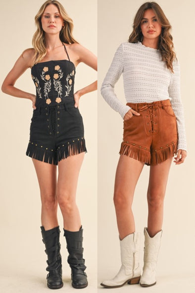Suede Fringe Stud Front Lace Up Shorts in Black or Camel