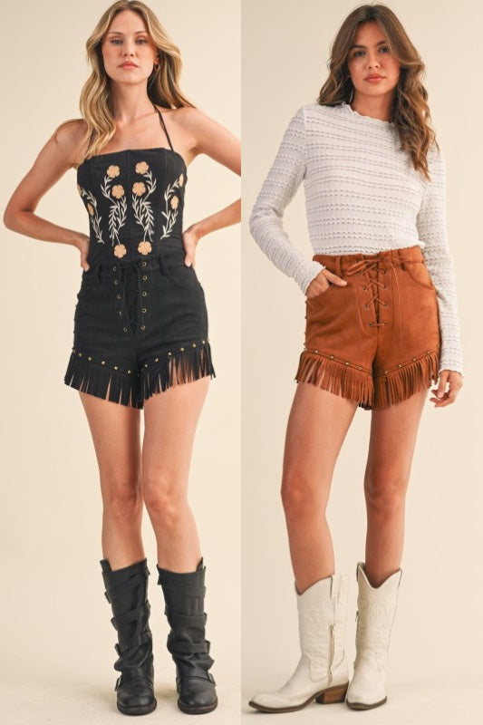 Suede Fringe Stud Front Lace Up Shorts in Black or Camel