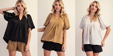 V Neck Puff Sleeve Top in 3 Colors