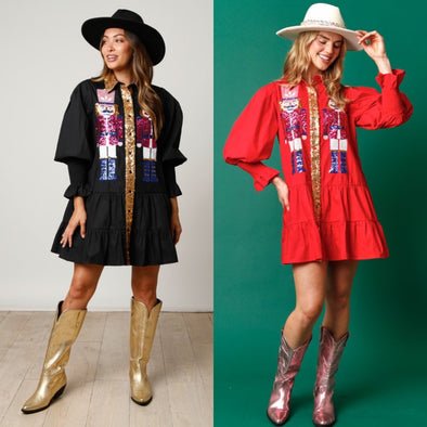 Sequin Nutcracker Poplin Mini Dress In Black Or Red