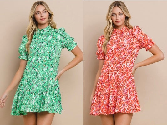 Floral Button Down Dress In Green Or Red