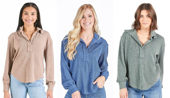 Collared Ribbed Long Sleeve Top in 3 Colors (XS-XXL)
