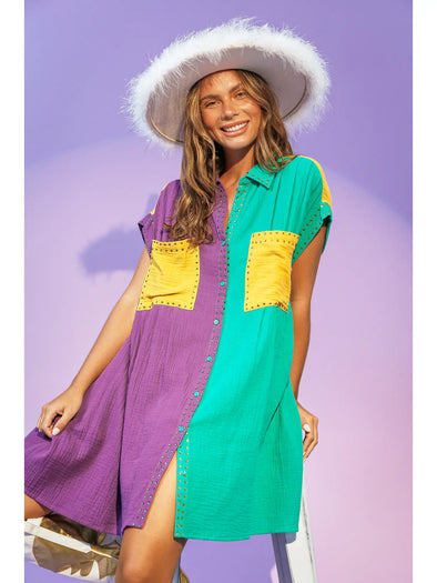 Mardi Gras Rhinestone Lined Color Block Shirt Dress
