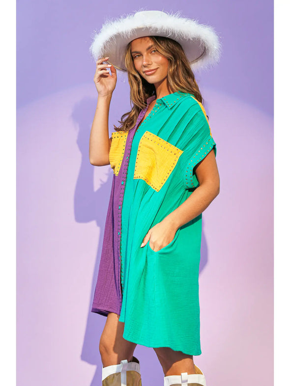 Mardi Gras Rhinestone Lined Color Block Shirt Dress