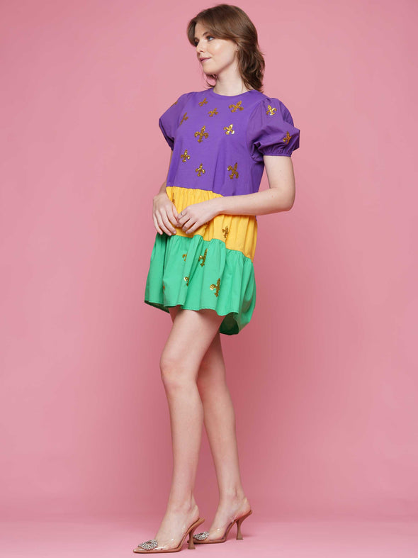 Mardi Gras Sequin Fleur De Lis Baby Doll Dress (S-XXL)