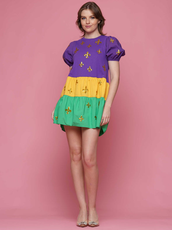 Mardi Gras Sequin Fleur De Lis Baby Doll Dress (S-XXL)
