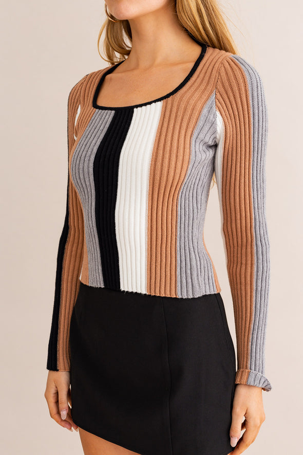 Long Sleeve Square Neck Vertical Stripe Knit Top