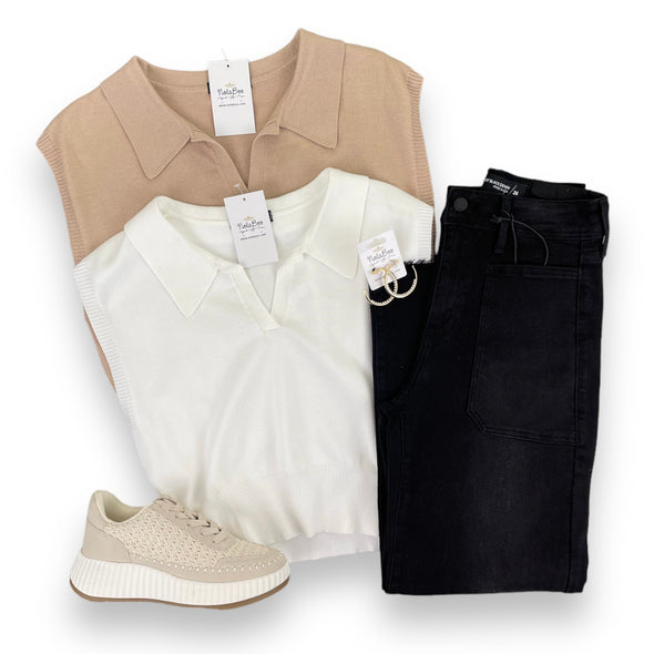 Sleeveless Knit Collared Top In Taupe Or White