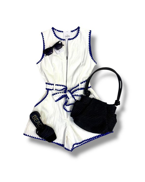 White Romper with Blue Triangle Stitch Detail