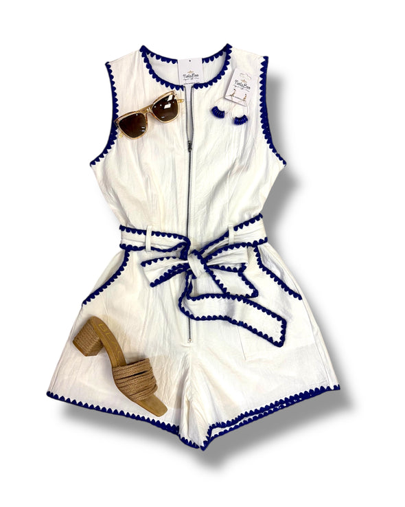 White Romper with Blue Triangle Stitch Detail