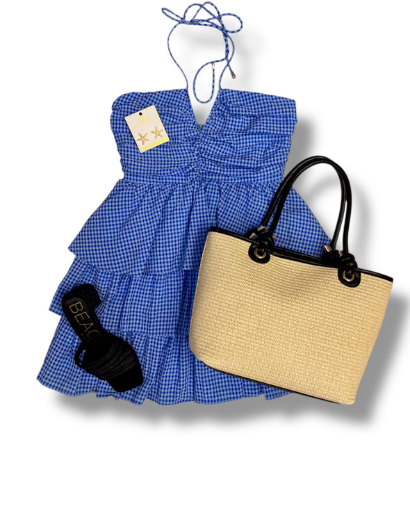 Gingham Ruched Halter Multi Tiered Mini Dress In 3 Colors