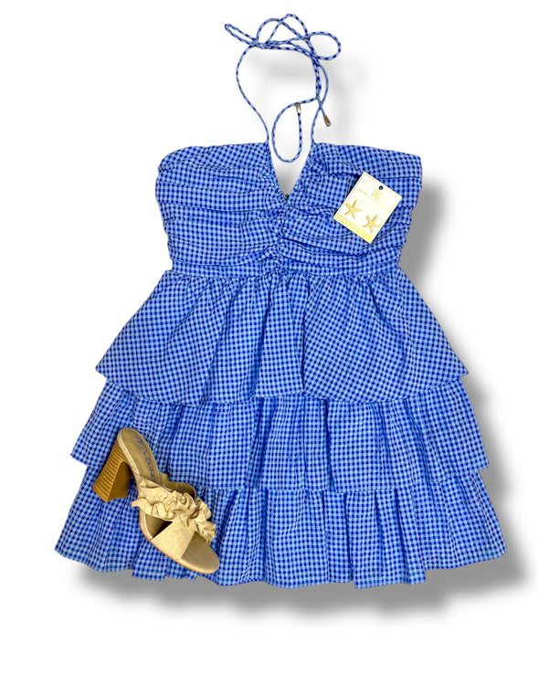 Gingham Ruched Halter Multi Tiered Mini Dress In 3 Colors