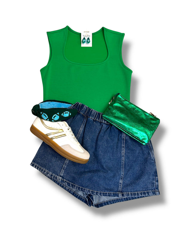 Denim Skort With Smocked Waistband