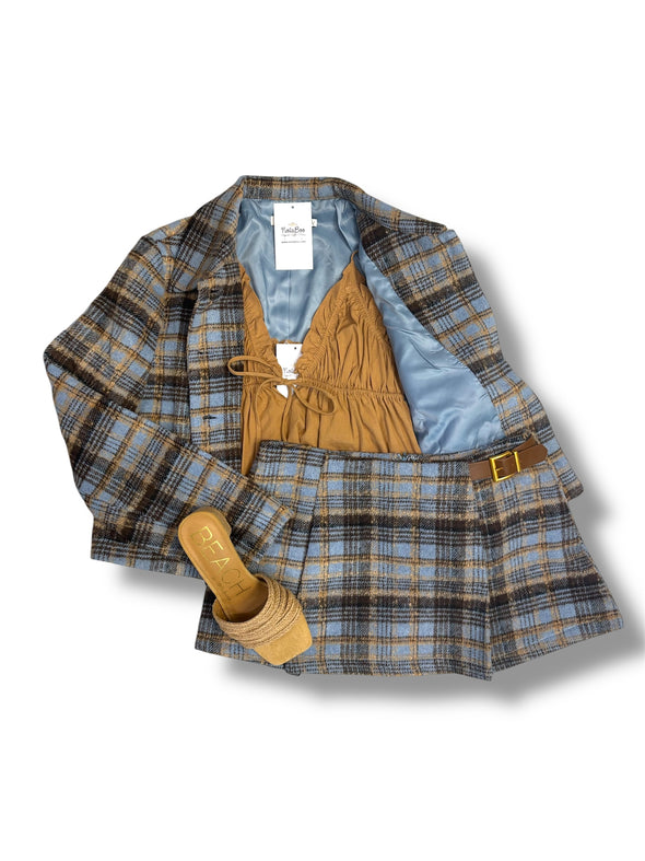 Plaid Mini Skort With Belt Trim Detail and Tailored Jacket (SOLD SEPARATELY)