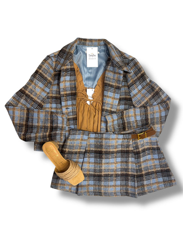 Plaid Mini Skort With Belt Trim Detail and Tailored Jacket (SOLD SEPARATELY)