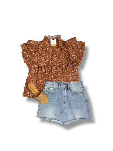 Brown Floral Top With Pleated Detail