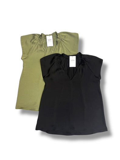 V Neck Washed Satin Ruffled Collar Top in 2 Colors