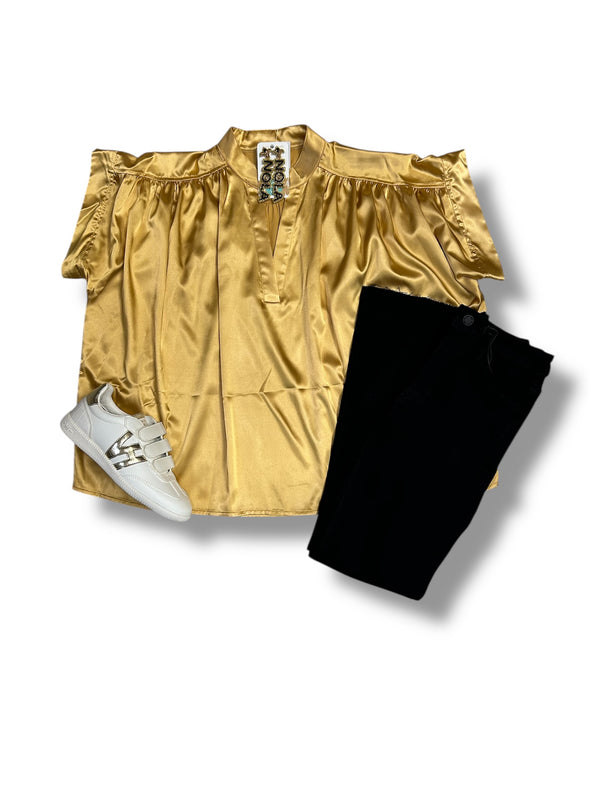 Emerson Placket Shirred Sleeve Band Top in 2 Colors (S-3X)