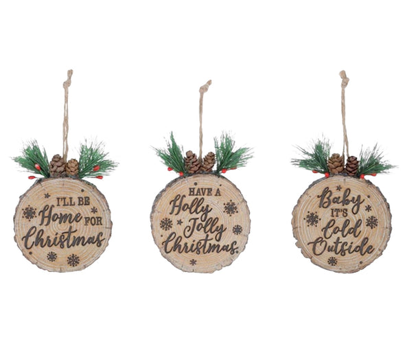 Resin Wood Disc Christmas Saying Ornaments in 3 Options