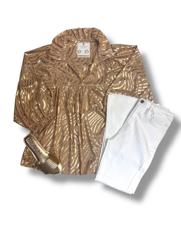 Champagne Muse High Collar Bubble Sleeve Top (S-3X)