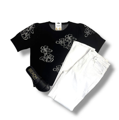 Short Sleeve Floral Graphic Sweater