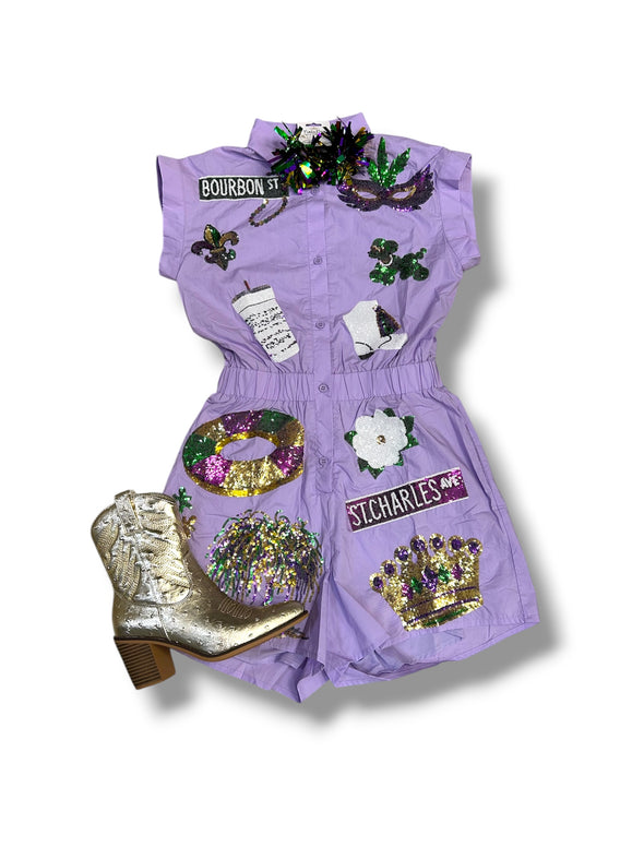 Mardi Gras Sequin Patches Romper (XS-2XL)