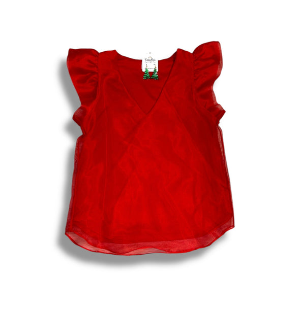 Organza Ruffle Sleeve V Neck Top in 4 Colors