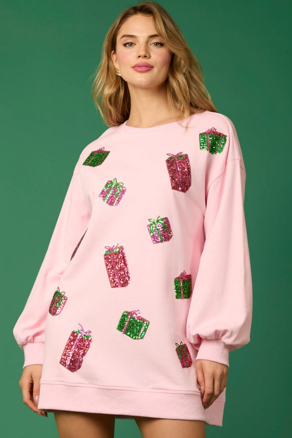 Pink Long Sleeve Dress With Sequin Presents