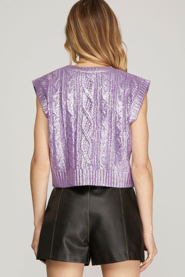 Sleeveless Cable Knit Metallic Crop Sweater In 3 Colors