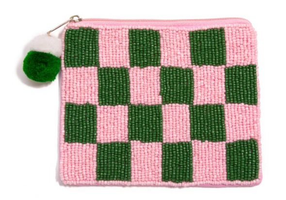 Seed Beaded Plaid Coin Purse With Pom Zipper