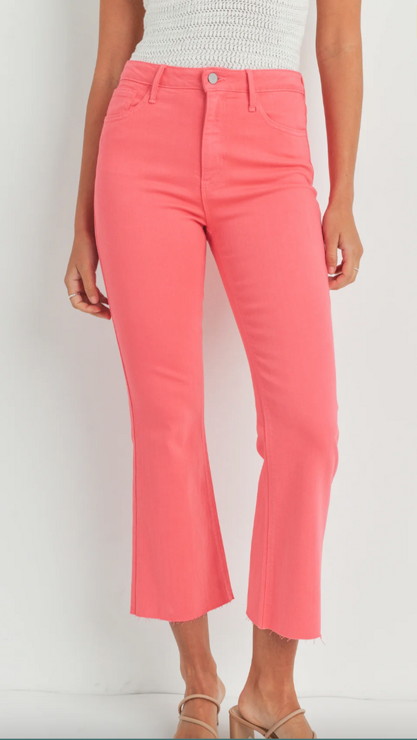 High Rise Tonal Crop Flare In Light Sage Optic White Hot Pink and Light Denim