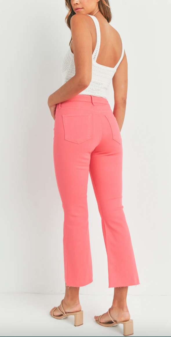 High Rise Tonal Crop Flare In Light Sage Optic White Hot Pink and Light Denim