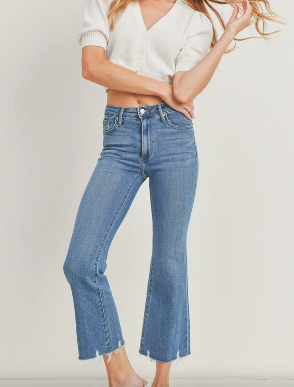 High Rise Crop Flare With Distressed Hem